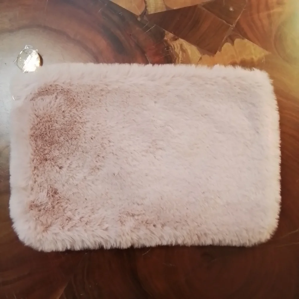 Loft Pink Plush Faux Fur Love Cosmetic Bag Gold Toned Zipper & Pull